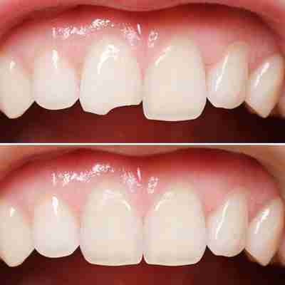 dental Bonding showcased via before and after photos where the top shows a chipped tooth and the bottom shows a fixed tooth
